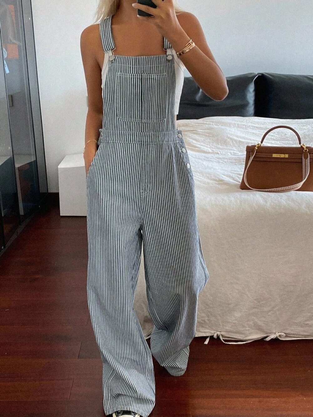 Blue Casual Women's Striped Denim Bib Pants - Picture 2 of 5
